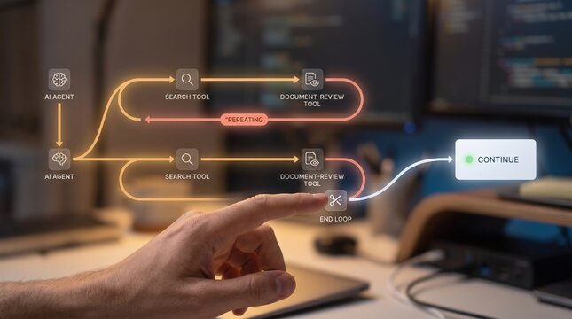 Agent Behavior Control - A human hand interacts with a digital interface to end a repetitive AI process and initiate workflow continuation.