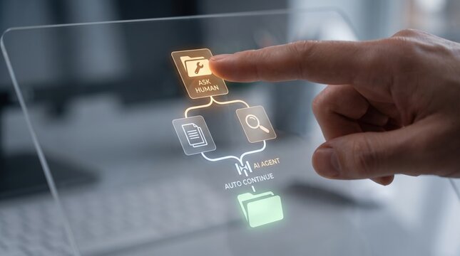 Agent Behavior Control - A human hand interacts with AI for sensitive tasks while automated processes continue in the background.