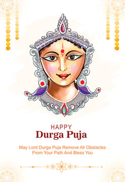 Goddess durga face in happy durga puja subh navratri card poster template design