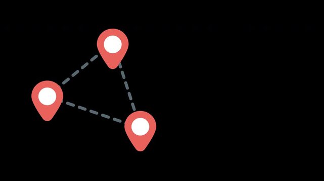 Animated red map pin icons connecting with dashed lines on a green screen, symbolizing navigation, travel route, GPS tracking, and digital location network with transparent alpha channel.