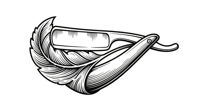 Straight razor with a feather on white background blade
