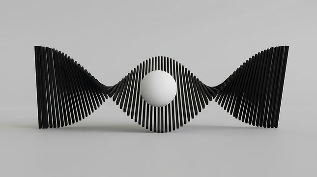 A minimalist abstract 3d render featuring a central white sphere surrounded by a complex black wireframe structure creating a symmetrical wave pattern on grey background