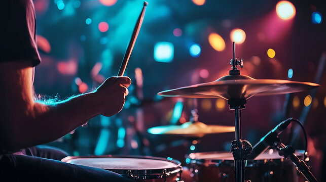 Live drummer playing a drum kit with vibrant stage lighting.