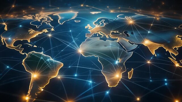 Global digital network connection connecting continents with glowing data lines and futuristic internet telecommunication concept