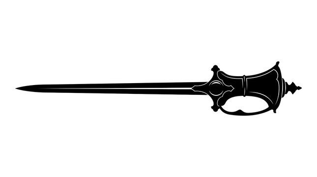 Elegant black silhouette of an ornate dagger or short sword with a decorative hilt and sharp pointed blade, isolated on a white background.