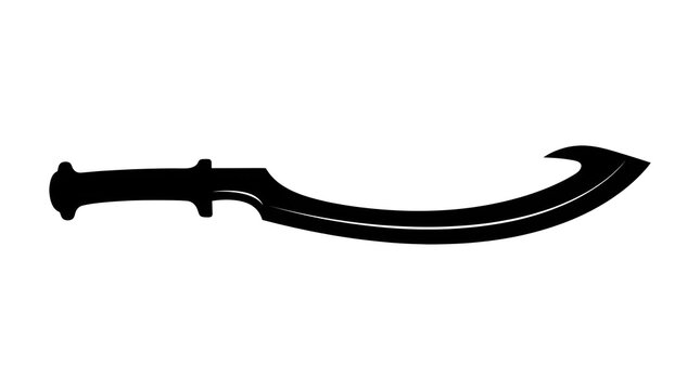Black silhouette of a traditional curved sword, similar to a khopesh, falcata, or scimitar, isolated on a white background.