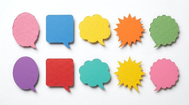 Set of colorful paper speech bubbles isolated on white background