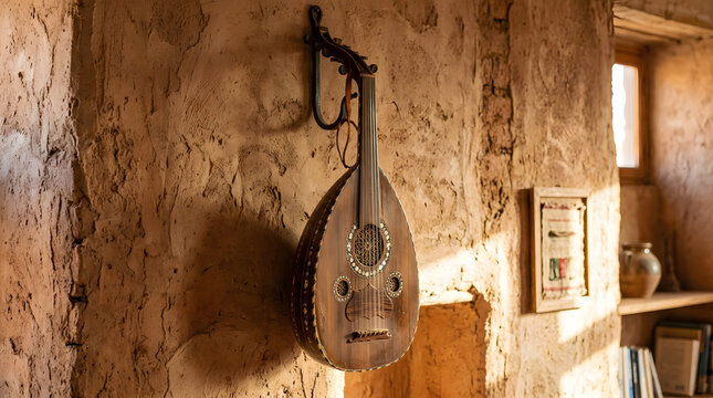 Traditional wooden lute hanging on a rustic textured clay wall in warm natural light