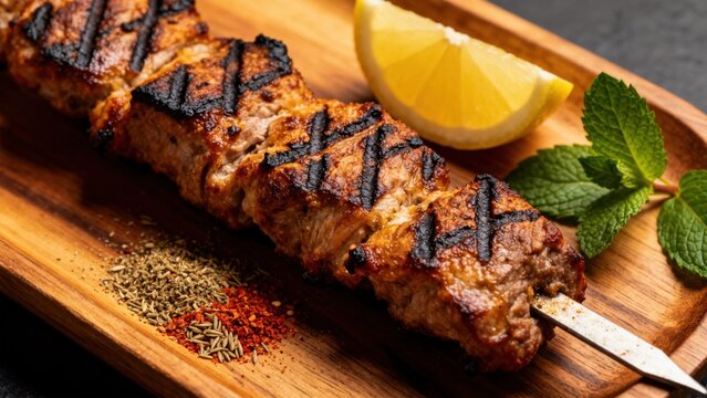 Syrian shish tawook, grilled chicken skewers marinated in yogurt and spices, served with garlic sauce, pickles, and flatbread, on a wooden board with a side of grilled vegetables and fresh herbs