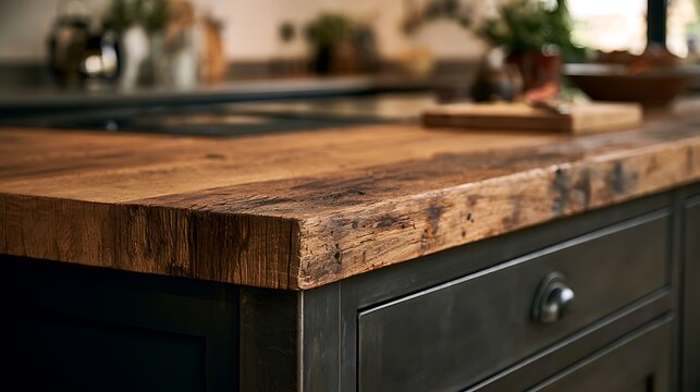 Rustic Reclaimed Wood Kitchen Island Countertop with Dark Cabinetry.