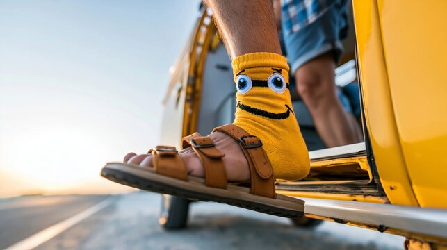 Traveler's foot with quirky yellow happy face socks and sandals stepping into a classic yellow van, embracing adventure and summer travel