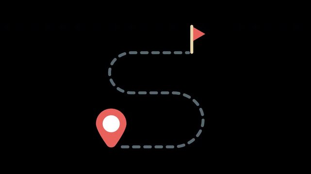 Animated map route path with a red location pin and destination flag icon over a background with transparent alpha channel.
