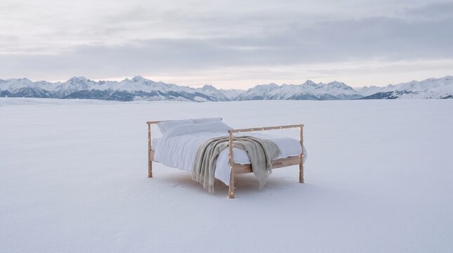 Christmas bed standing alone in a vast snowy landscape