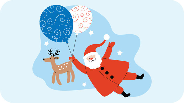 Happy Santa Claus and reindeer gracefully float with colorful balloons against blue sky