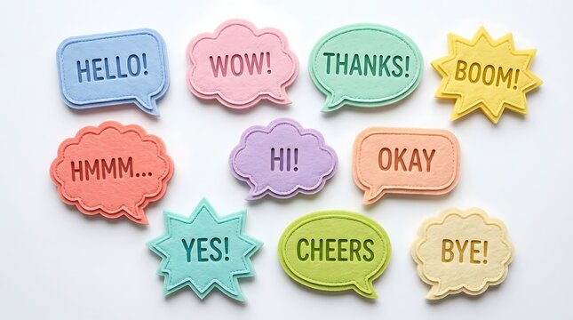 Set of colorful felt speech bubbles with various expressions isolated on white background