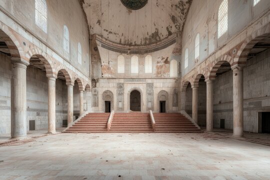 Interior of an ancient ruined basilica with stone columns and vaulted dome