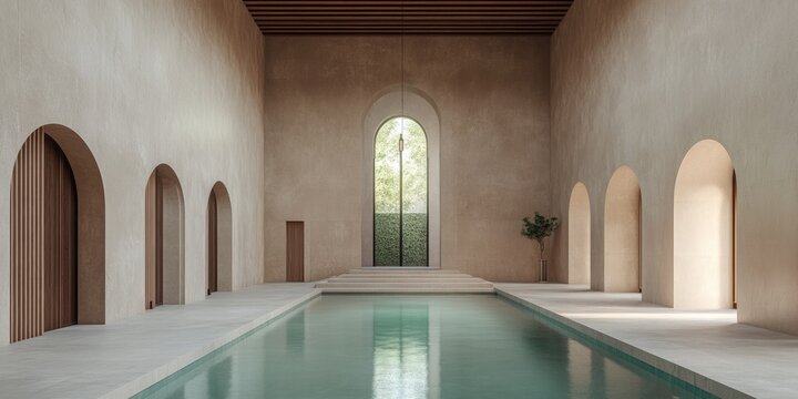 Spacious indoor pool in a minimalist architectural hall with arches and warm natural light