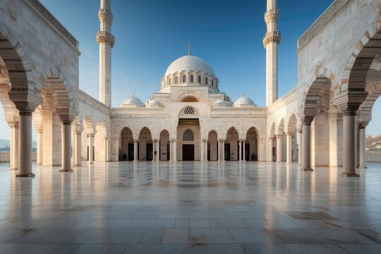 Grand exterior courtyard of a historical mosque with tall minarets and domes