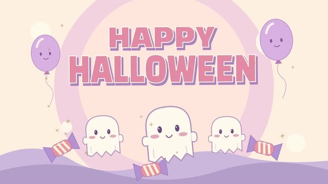 Happy Halloween pastel greeting with cute ghosts and candy