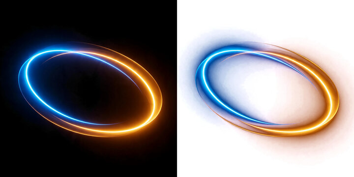 Png of abstract glowing blue and orange light rings forming an elliptical shape, dynamic energy trails with motion blur effect on black and transparent backgrounds