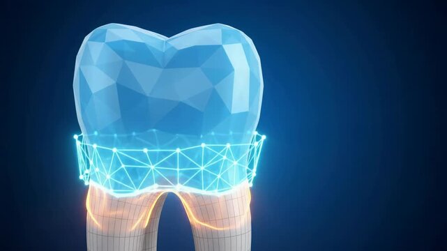 A 3D render of a human molar tooth with a glowing orange energy effect on the crown, symbolizing dental health or sensitivity.