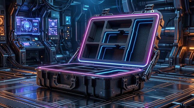 High-tech tactical hard case showing modular compartments and multilayer protective construction, enhanced with electric blue and neon pink-purple cyberpunk accents.