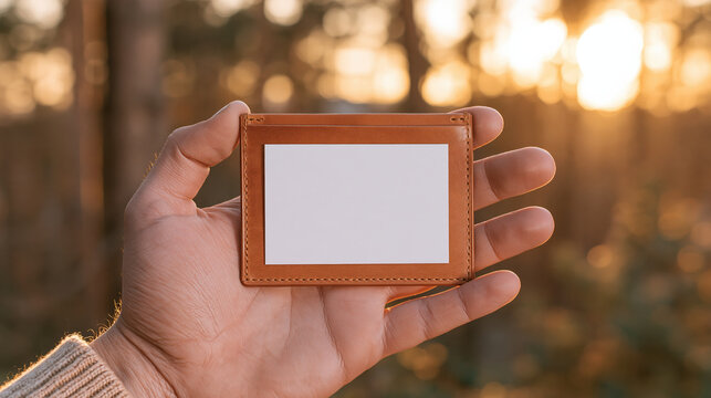 Leather wallet hand outdoor sunlight forest blank card holder