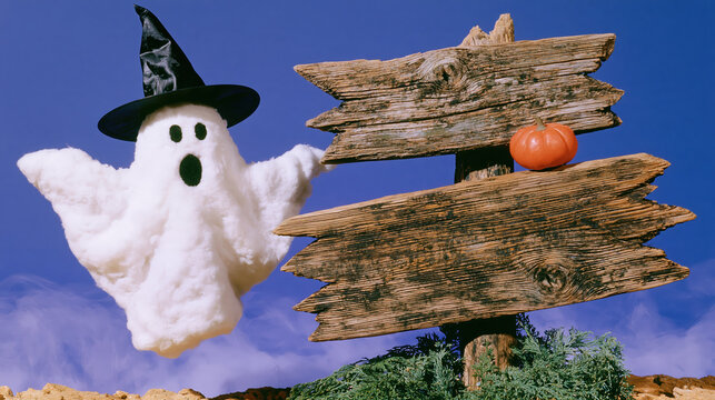 Playful spooky season graphic with cute ghost hovering beside rustic sign and pumpkin against blue sky