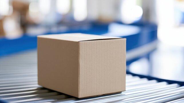 Cardboard shipping box on factory conveyor belt