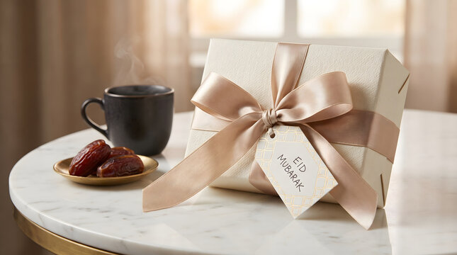 Eid gift box with ribbon on marble table beside dates and cup
