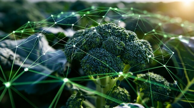 Broccoli plants with glowing digital network lines and nodes representing sustainable agriculture technology