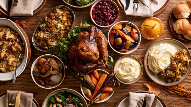 Top down Thanksgiving feast with beautifully roasted turkey and colorful side dish arranged on wooden table