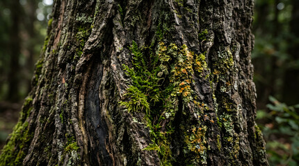 Obraz premium Macro close up view of detailed rough tree bark with green moss and yellow lichen