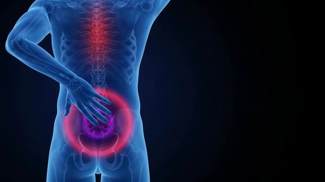 3D medical animation of a human male figure highlighting back pain and spinal inflammation on a dark background.
