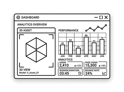 Modern dashboard analytics overview with 3d asset preview and performance charts