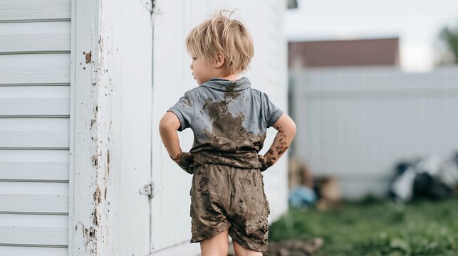 Mud covered child standing with hands on hips after playing outdoors, having a dirty adventure