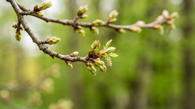 Close up shot of fresh green tree buds and young leaves springing on branches