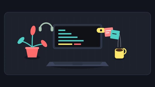 Flat vector animation of laptop workspace with plant and coffee
