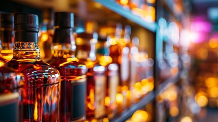 Plakat Rows of amber liquor bottles displayed on bar shelves with glowing reflections and bokeh lights