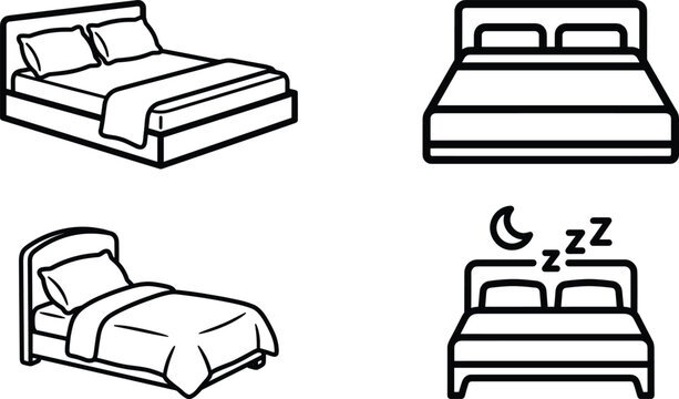 Comfortable bed furniture line icon set featuring single double bedroom mattress sleep pillow and hotel vector design