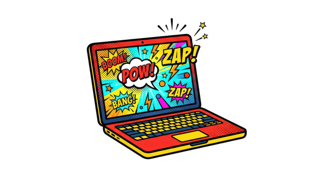 Comic book style laptop computer with pop art sound effects on screen isolated on transparent background