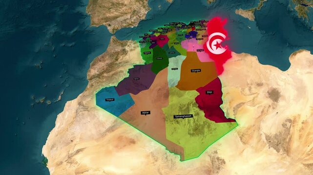 3D Animated Map of Algeria and Tunisia Highlighting Governorates, Flag Overlays, and North Africa Borders