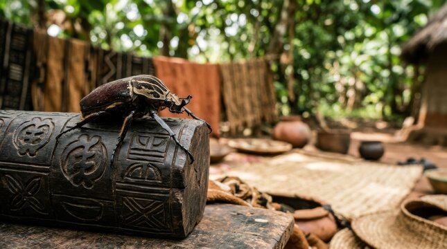 Macro view of a Goliath Beetle resting on hand-carved ebony wood with West African tribal symbols in a tropical village environment.