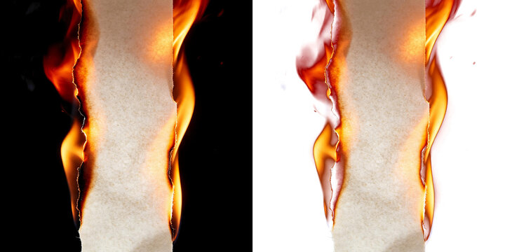 Png of burning paper edges with bright flames and glowing embers, set against contrasting black and transparent backgrounds for dramatic visual effect
