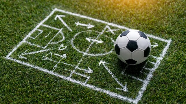 Soccer ball on green grass field with chalk drawing tactical strategy, preparing game plan for championship