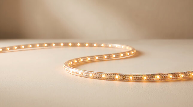 Flexible led strip light glowing with warm yellow illumination on a smooth surface