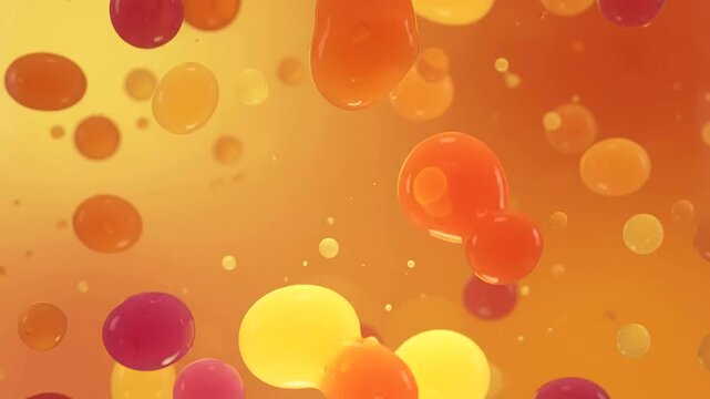 Orange and yellow fluid blobs merging and rising in slow motion