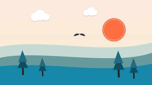 Abstract flat vector landscape with sun and trees
