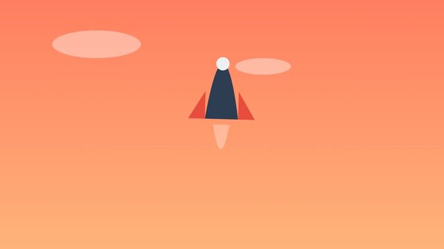 Flat vector rocket launching through orange sky