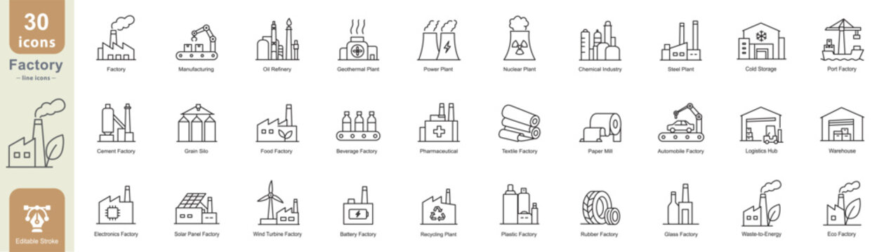 Factory Web line icons including industrial plants, manufacturing, energy, logistics, recycling, and production facilities in editable stroke style.